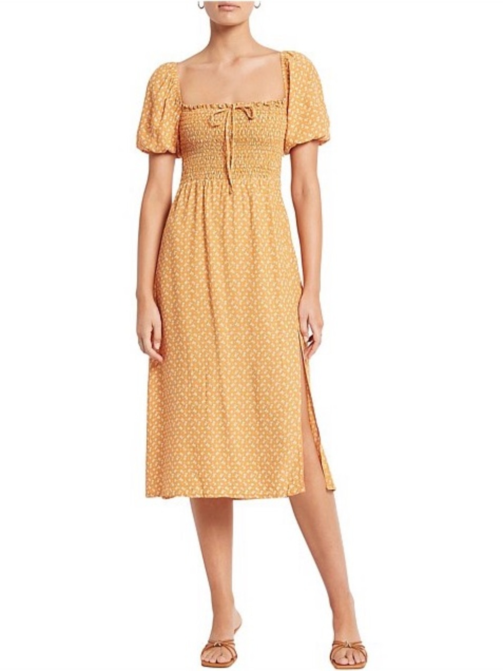 Faithfull the Brand Orange Smocked Puff-Sleeve Floral Midi Dress NWT